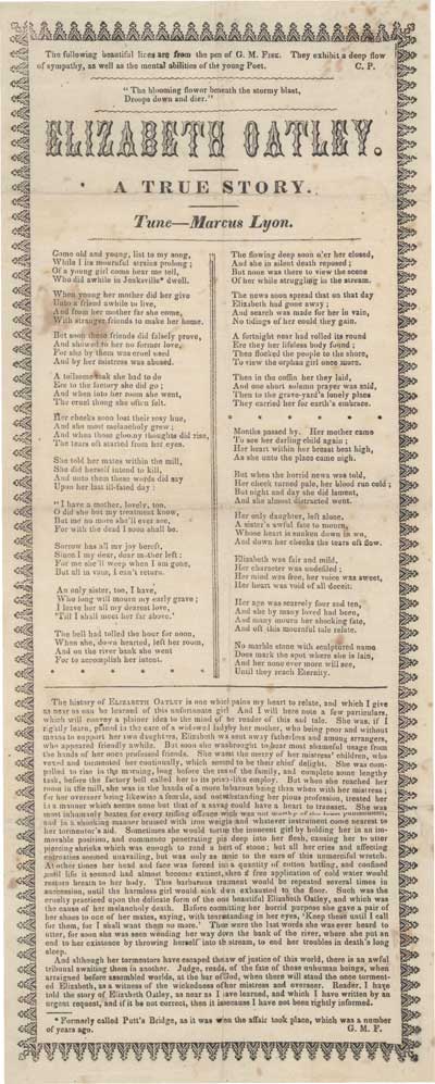 "The Tragedy of Elizabeth Oatley" a poem that appeared as a broadside in the 1840's